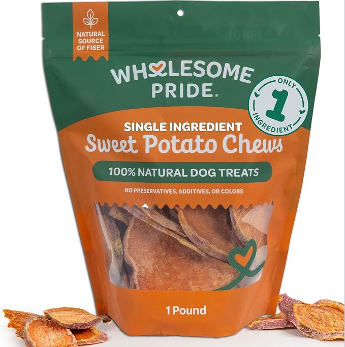 Wholesome Pride Sweet Potato Chews Healthy Dog Treats, 1 Ingredient, 16 oz | No Preservatives, 100% Sweet Potato, Gently Dehydrated, Supports Digestion, No Grain or Gluten, Training & Snacking