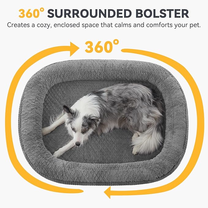 JOEJOY Orthopedic Dog Bed for Extra Large Dogs, XXL Egg-Crate Memory Foam Pet Bed with Bolster Sides, Waterproof Lining, Removable Washable Cover & Non-Slip Bottom, Grey