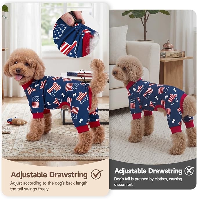 XPUDAC 4th of July Dog Pajamas, Cute Patriotic Dog Clothes with Adjustable Drawstring, Funny Pet Pjs American Flag Pet Outfit for Small Medium Dogs Independence Day, S