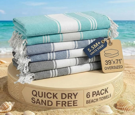 LANE LINEN Pool Towels, Turkish Beach Towels Oversized Set of 6, Pre-Washed, No Shrink, Quick Dry Travel Towel, Beach Towel for Women, Absorbent & Sand Free Towel, 39"x71" - Tropical Color