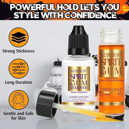 WOZUTUNT Spirit Gum Adhesive and Remover Kit with Bonus Liquid Latex - 15ml Professional Cosmetic Glue for Face, Skin, Body & SFX Makeup | Strong Hold for Bald Caps, Prosthetics, Cosplay Wig