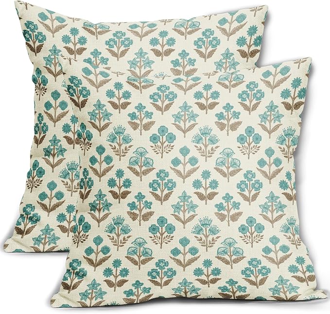 Brown Cyan Floral Block Print Pillow Covers 20x20 Inch Set of 2, Vintage Flower Pattern Decorative Throw Pillowcases Outdoor Farmhouse Cushion Covers Spring Summer Rustic Sofa Couch Bed Decor