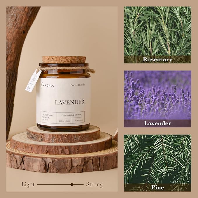 Scented Candle, 7.05 oz Lavender Aromatherapy Candle, Natural Soy Wax with Wooden Wick, Candles for Home Scented, Stress Relief Amber Jar Candle Gifts