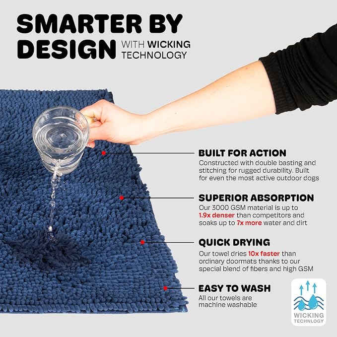 Dog Gone Smart Dirty Dog Doormat - Fast Drying Rug - Bermuda Blue 3x16 in | Super Gripper Backing for Clean Floors - Absorbent Microfiber and Machine Washable Mat for Muddy Paws