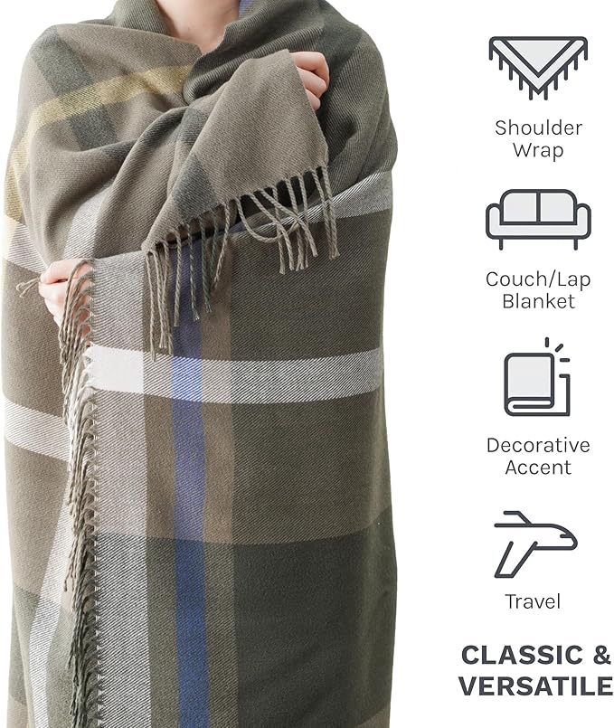 Green Plaid Throw Blanket for Couch, Army Green Plaid Blanket 50"x60" | Lightweight Farmhouse Outdoor Throw Blankets for Bed, Sofa, Cozy Woven Throw with Tassels