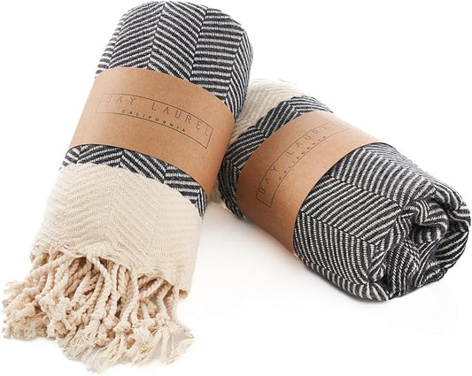 BAY LAUREL Turkish Hand Towel – Pack of 2 | Soft & Absorbent Decorative Towels for Bathroom, Hand, Face, Hair, Gym, Yoga, SPA, Kitchen & Tea | Boho Decor (Dark Gray, Herringbone 15x26 Inches(Set of 2)