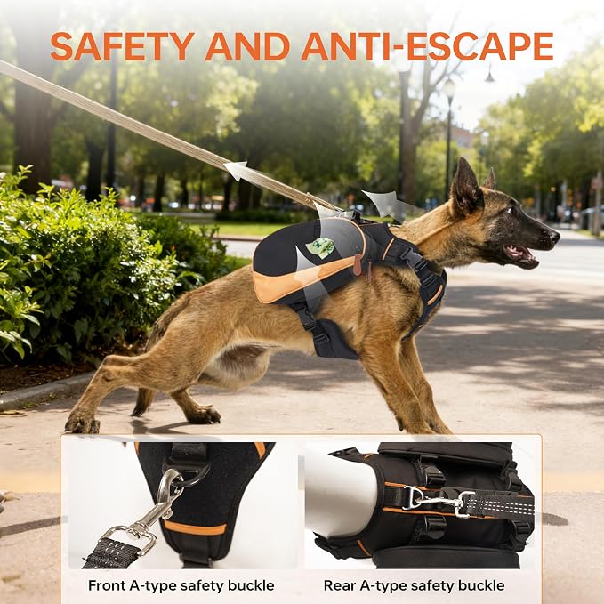 Dog Backpack for Medium & Large Dogs, Detachable Side Bags, Quick-Poop Bag Dispenser | No-Pull Adjustable Harness for Large-Chested Breeds | Non-Slip Handle for Hiking, Walking, Outdoor Adventures（L）