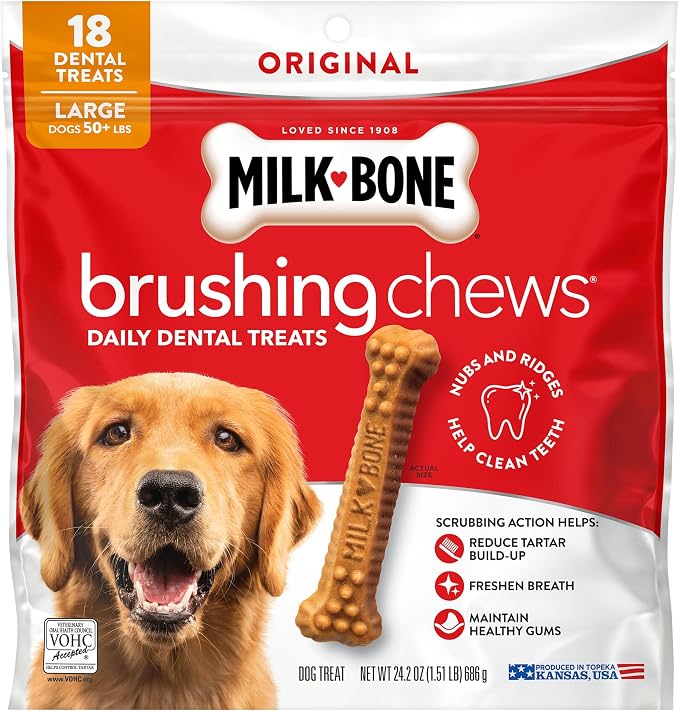 Milk-Bone Brushing Chews Original Chicken Flavor Daily Dental Dog Treats, Large, 24.2 Oz. Bag 18 Count (Pack of 5)