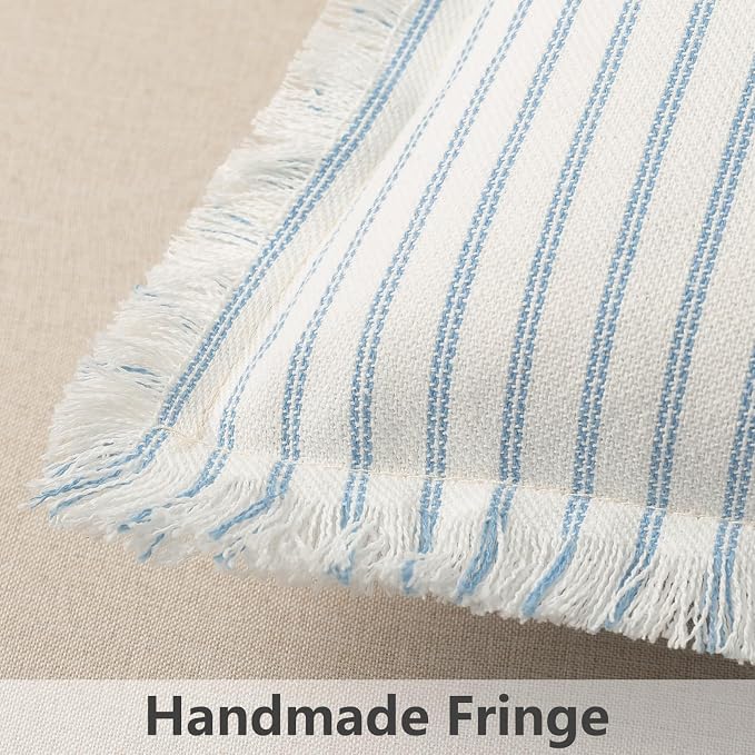 Throw Pillow Covers 16x16 Set of 2 Striped Pillow Covers with Fringe Chic Cotton Decorative Pillows Square Cushion Covers for Sofa Couch Bed Living Room Farmhouse Decor, (Light Blue)