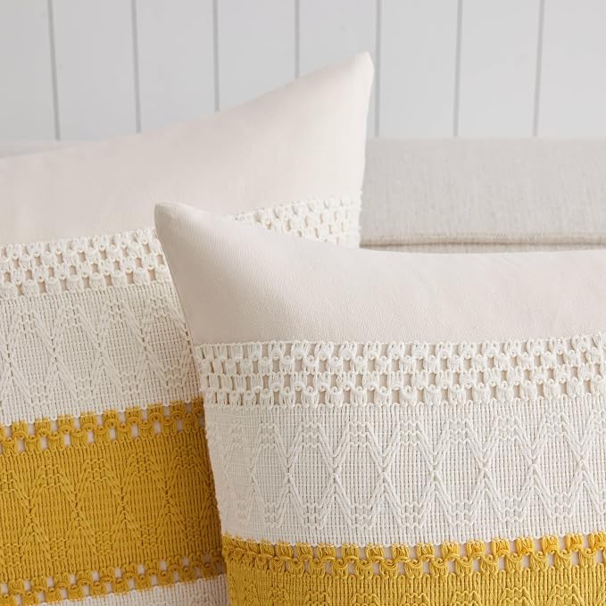 2 Pack Boho Throw Pillow Covers, Contrast Mustard 20x20in | Soft Breathable Cotton, Farmhouse Decorative Couch Pillow Cases, Cushion Covers for Sofa Bed Living Room Home Decor