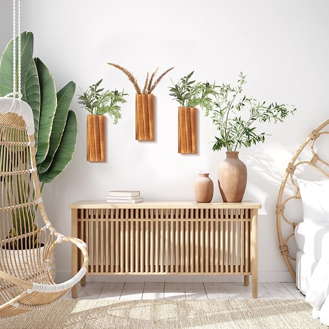 Nuanchu 6 Pack Wood Wall Planter Wooden Hanging Planter for Dried Flowers and Artificial Greenery Plants Wooden Pocket Vase Farmhouse Wall Decor for Indoor Hydroponics Plants (Natural, Wood Style)