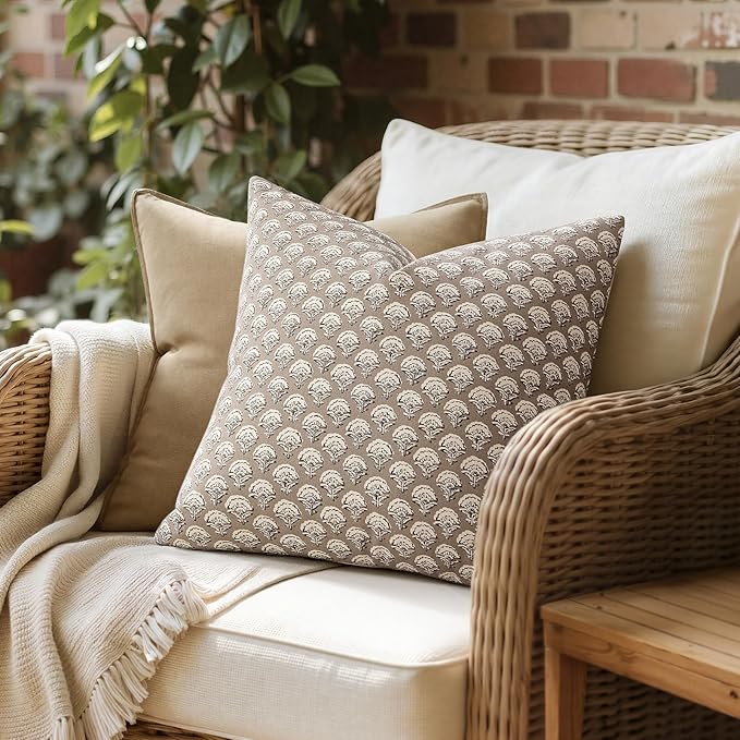 MIULEE Floral Print Decorative Euro Pillow Covers 22x22, Light Taupe | Vintage Boho Farmhouse Modern Home Decor, Set of 2, Block Print Cushion Covers for Couch Sofa Bed Living Room