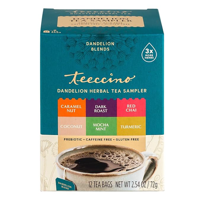 Teeccino Dandelion Tea Sampler - 12 Tea Bags - Caramel Nut, Coconut, Dark Roast, Mocha Mint, Red Chai, Turmeric - Caffeine-Free, Roasted Herbal Tea with Prebiotics, Gluten-Free