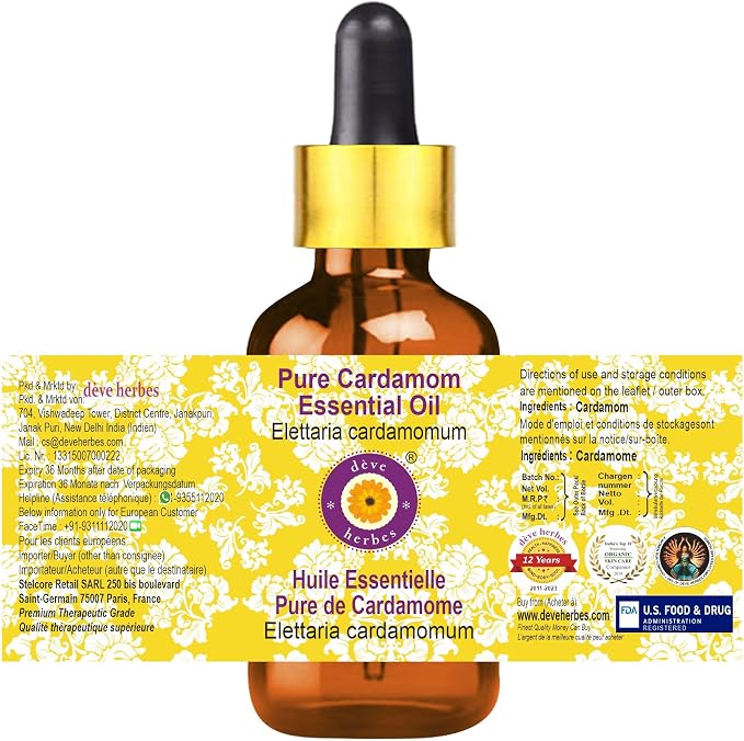 Deve Herbes Pure Cardamom Essential Oil (Elettaria cardamomum) with Glass Dropper Steam Distilled 30ml (1 oz)