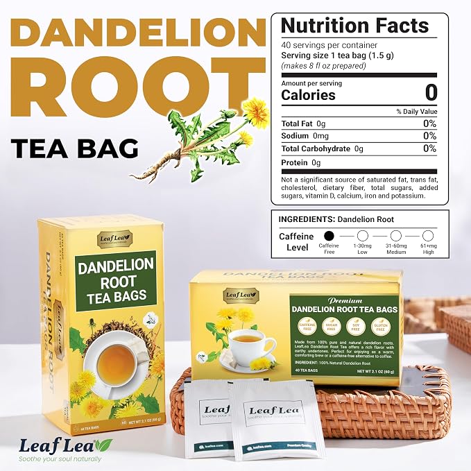 LeafLea 80 Dandelion Tea Bags, All Natural Dandelion Root Tea, Supports Digestion & Immune Health, Caffeine-Free, Vegan, No Sugar, Individually Wrapped Tea Bags, 2 Pack