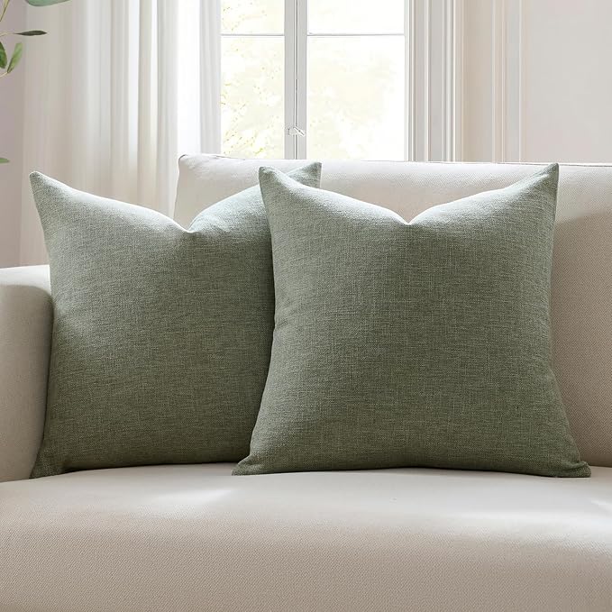Meekio Set of 2 Dark Sage Throw Pillow Covers 22x22, Modern Farmhouse Linen Blend Decorative Pillow Covers for Couch Sofa Bed, Neutral Home Decor