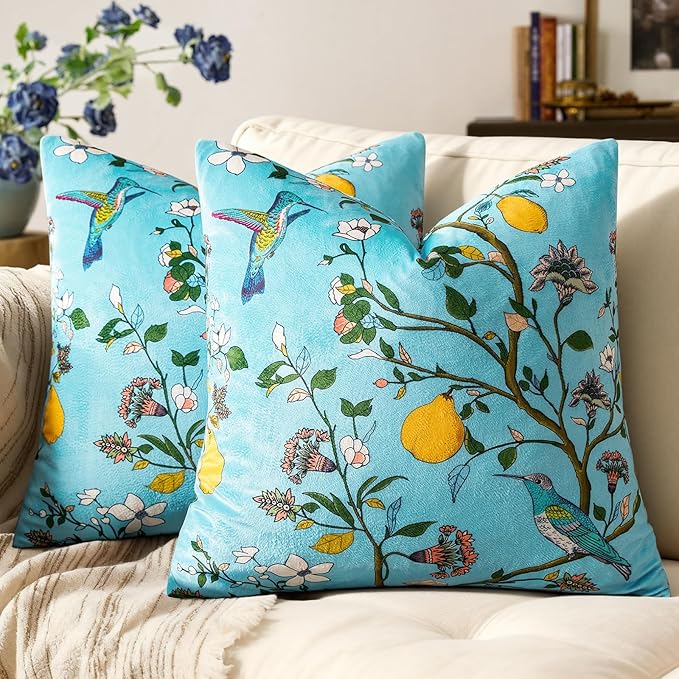 MUSSEL Sky Blue Velvet Floral Decorative 16x16 Pillow Covers Set of 2 | Soft Durable and Sturdy,Bird Plant,Throw Pillows Case,Square,Colorful Modern Cushion Covers,Home Sofa Bed Couch Decor