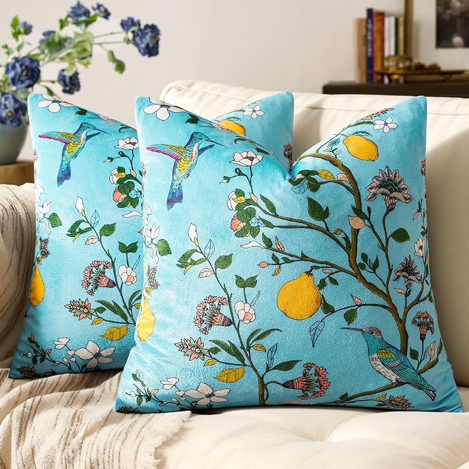 MUSSEL Light Blue Floral Vintage Decorative Pillow Covers 18x18 Set of 2 | Soft Velvet,Wild Flower Plant,Throw Pillows Case,Square,Colorful Farmhouse Cushion Covers,Home Sofa Bed Couch Decor