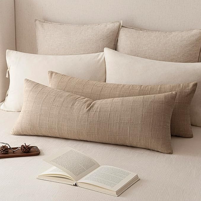 Foindtower Set of 2 Decorative Linen Check Throw Pillow Covers Neutral Farmhouse Vintage Cushion Covers Cozy Modern Coastal Boho Home Decor for Sofa Chair Couch Bedroom Living Room,14×36 Inch,Camel