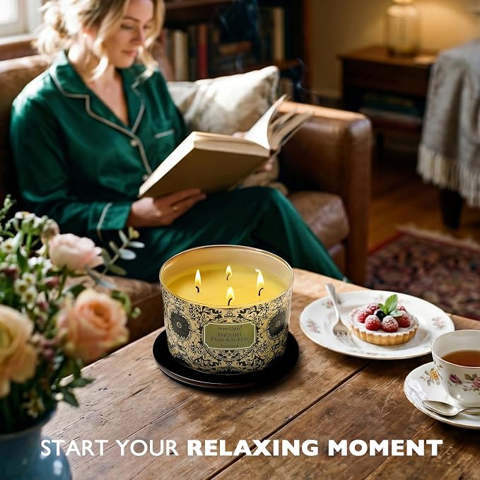 HomeLights Soy Wax Candles for Home Scented, 4-Wick Candles in English Pear & Suede Scented, Aromatherapy Candles Gift for Parties, Relaxing, Bohemian Natural Textures, 18oz