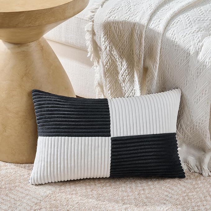 Fancy Homi Set of 1 Black and White Lumbar Decorative Throw Pillow Covers 12x20 Inch for Living Room Bedroom Couch Bed Sofa, Soft Striped Corduroy Modern Rectangle Accent Cushion Case 30x50 cm