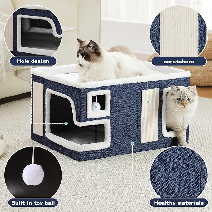 Large Cat Houses for Indoor Cats, Extra Wide Cat Cave Bed with Scratch Pad and Fluffy Ball, Foldable Cat Hideaway Condo for Large Cats, Modern Kitten Bed,23x16x13 inches (Blue, X-Large)