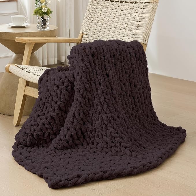Bigacogo Chunky Knit Throw Blanket for Couch, 40x40 inches, Chocolate | Hand Knit with Jumbo Chenille, Soft Breathable Cable Knit for Sofa Bed Living Room, Machine Washable, Gift for Mom Friend