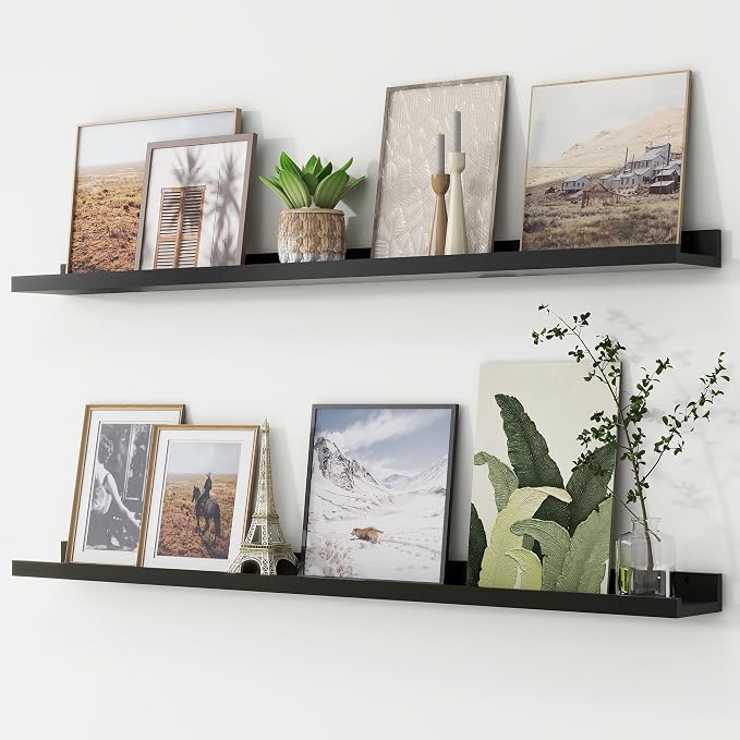 Picture Ledge Shelf, Floating Shelves for Wall, 48" W Set of 2, Black | FSC Certified Engineered Wood, Wall Mounted Bookshelf, for Nursery Living Room Bedroom, Pre-Drilled, Easy Install