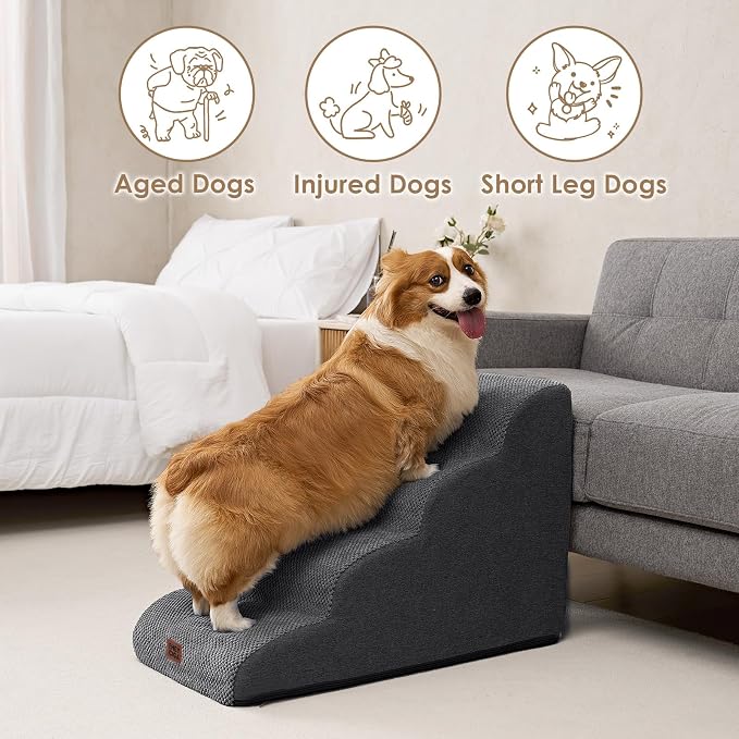 EHEYCIGA Curved Dog Stairs Ramp, 4-Step High Beds, 19.7" H Pet Step | 33D density of pure foam, for Small Dogs and Cats, Pet Stairs for High Bed Climbing, Non-Slip Balanced Indoor, Grey