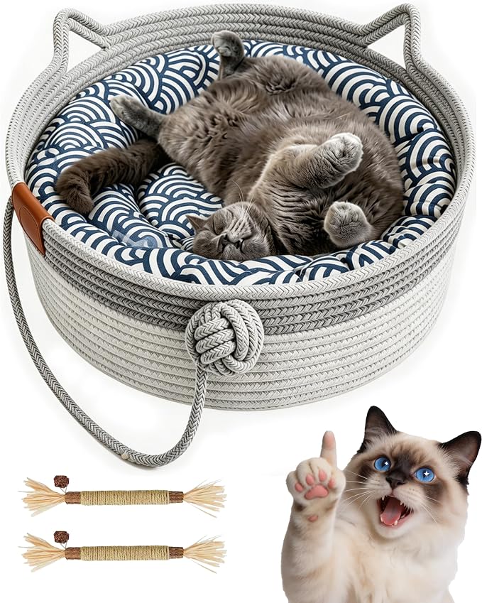 Instinct Basket for Cats,Cat Basket Bed with Cushion & Hanging Ball Toy,Handwoven Cotton Rope Cat Basket (Gray+Mat+Pillow,M(up to 17Lb))