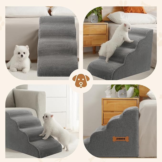 Dog Stairs, Romrol Dog Steps Ramp for High Bed and Couch, Dogs Ramp with Durable Non-Slip Waterproof Fabric Cover, Pet Stairs for Small Dogs and Cats or Pets Joints, 4-Tiers,Grey