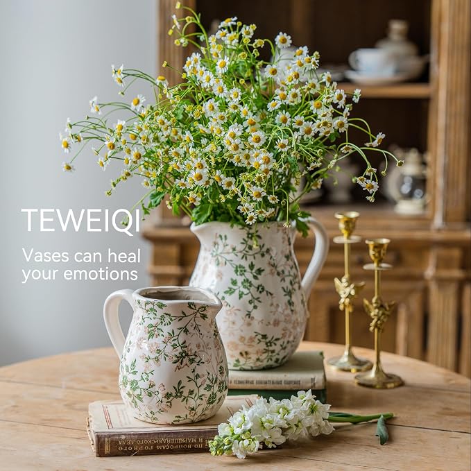 Vintage White and Green Floral Ceramic Vase with Handle, Retro Ice Glazed Crack Farmhouse Pitcher Vase for Home Decor, Living Room, Shelf, Office, Rustic Table Centerpiece 6 Inch