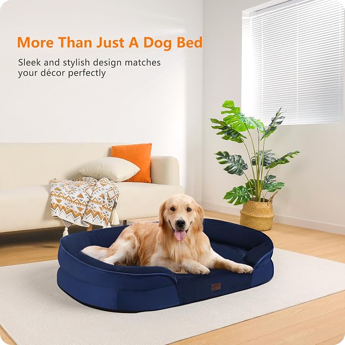 Dwanton Orthopedic Waterproof Large Dog Bed Sofa, Gel Memory Foam, 42" | Egg-Crate Foam Dog Sofa, Washable Pet Bed with Four Sided Bolster Cushion, Removable Cover & Non-Slip Bottom, Navy Blue