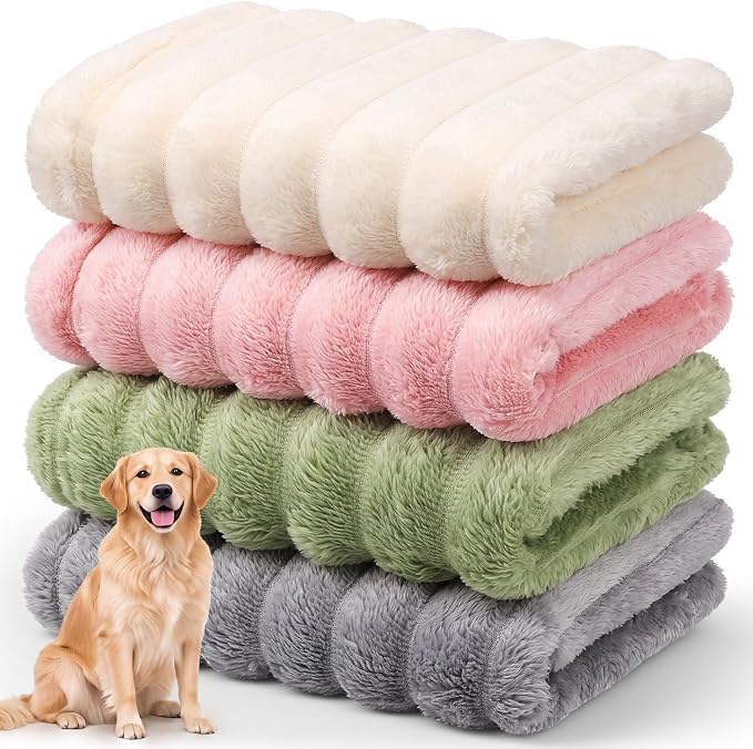 Irenare 4 Pack Fleece Pet Blanket for Large Dog Cat Cage Pad, 30 x 40 Inch | Fluffy Faux Rabbit Fur Washable Soft Plush Blanket Furniture Couch Bed Travel Carrier, 4 Colors