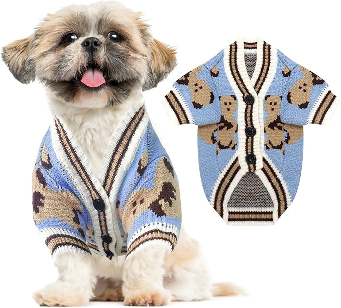 ABRRLO Small Dog Sweaters Cute Bear Dog Cardigans Clothes for Small Medium Dogs Boy Girl Puppy Cat Knitting Cardigan Outfits Dogs Winter Coats Warm Pet Doggy Clothes Soft Knitwear Apparel (Blue,XL)