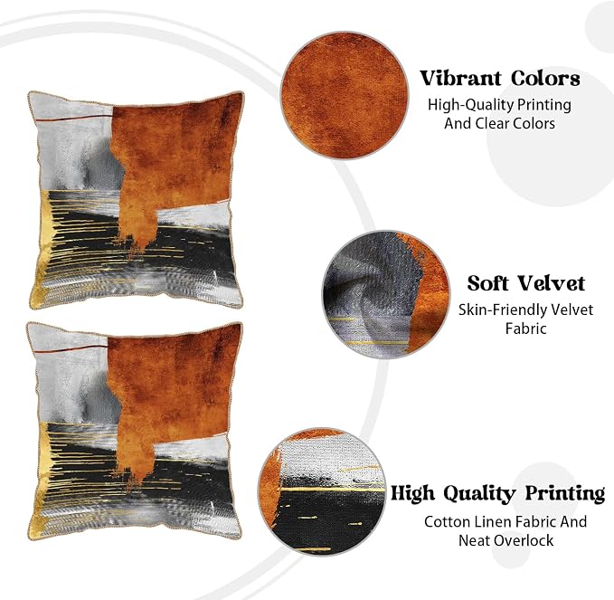 Burnt Orange Gold Grey Soft Velvet Throw Pillow Covers Set of 2 Taupe Gray Abstract Art Painting Decorative Pillow Covers 18x18 Inch Modern Retro Pillow Case For Sofa Couch Living Room Home Decor