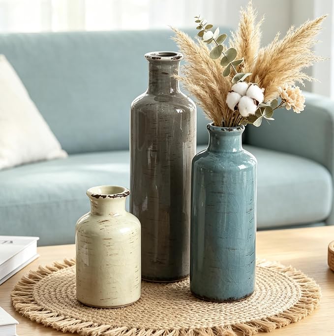 CUCUMI Ceramic Vases Set of 3, Rustic Vintage Vases Coastal Home Decor | Farmhouse Flower Vases Decor for Shelves, Ocean Beach Style, Mantle, Fireplace, Coffee Table, Shelf Decorations