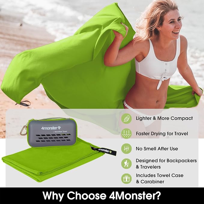 4Monster Quick Dry Travel Towel with Case & Carabiner – Super Absorbent Microfiber Gym & Camping Towel. Compact, Lightweight, Fast Drying for Beach, Swimming, Hiking, Backpacking
