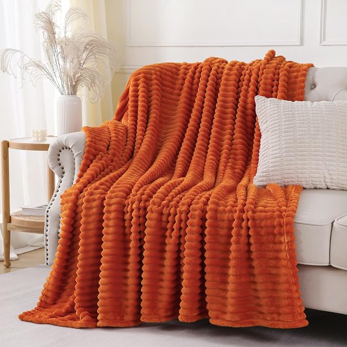 Orange Throw Blanket for Couch Sofa 60x80 inches Striped Design | Fleece Blankets Room Home Decor Lightweight Plush Soft Cozy Gifts for Women Mom