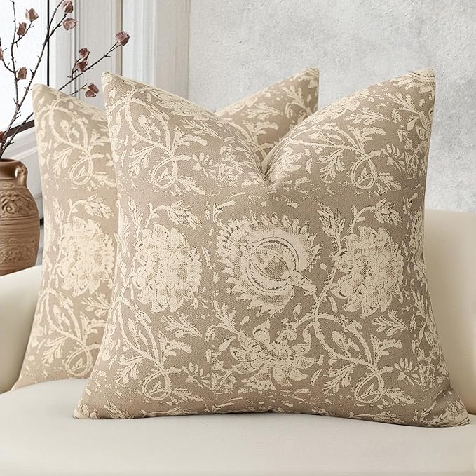 Vintage Floral Print Throw Pillow Covers 16x16 Set of 2 Neutral Modern Farmhouse Pillowcases Accent Decorative Cushion Covers Boho Home Decor for Couch Sofa Chair Bed Living Room, Latte