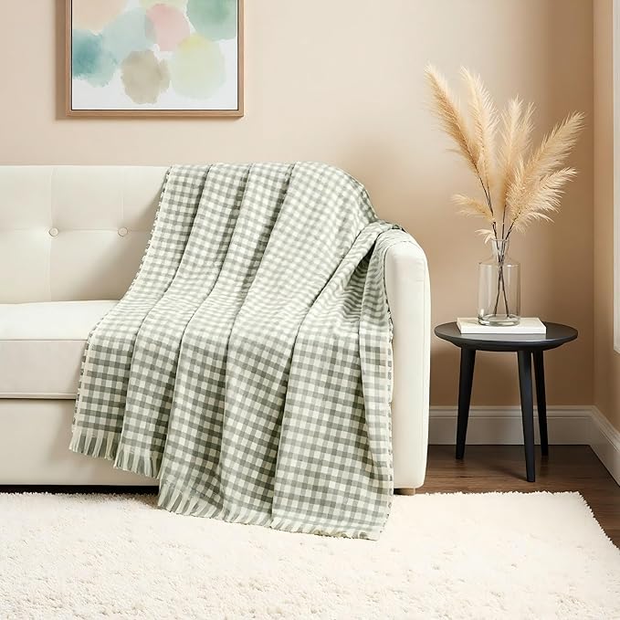 CREVENT Farmhouse Boho Knitted Throw Blanket for Couch Sofa Chair Bed Home Decoration, Soft Warm Cozy Light Weight for Spring Summer Fall (50''X60'' Plaid Green)