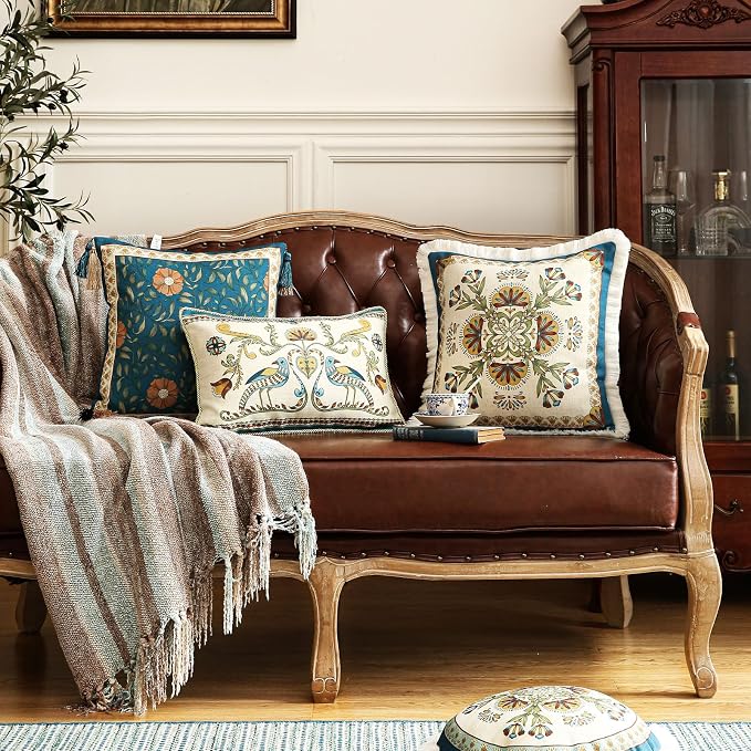 patdrea French Vintage Linen Throw Pillow Cover,18"x18",Set of 2-Wensel A | Decorative Pillow Case,Teal Floral Pattern,Pillow Cover for Couch Living Room Bedroom Sofa,Fringe Trim