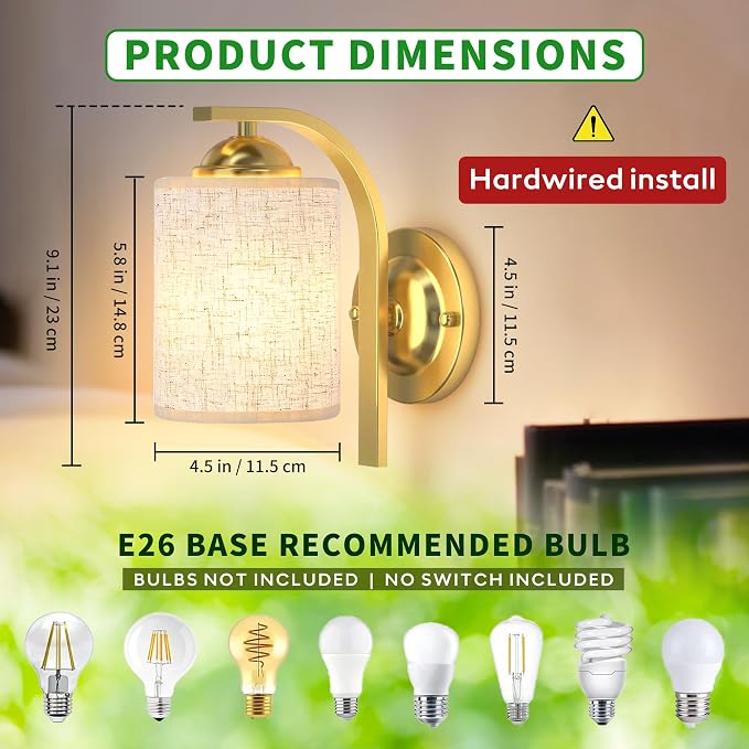 Wall Sconces Lights Lamp for Bedroom Bathroom, Modern Vanity Light Fixtures, Gold Farmhouse Wall Mount Lighting Lanterns with Fabric Shade for Living Room Mirror Hallway Kitchen