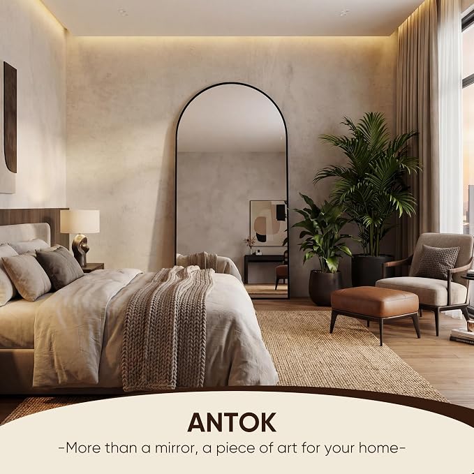 Antok 68" x26” Arched Full Length Floor Mirror, Black Aluminum Frame, Free Standing/Wall Mount/Leaning for Bedroom, Living Room, Dressing Room