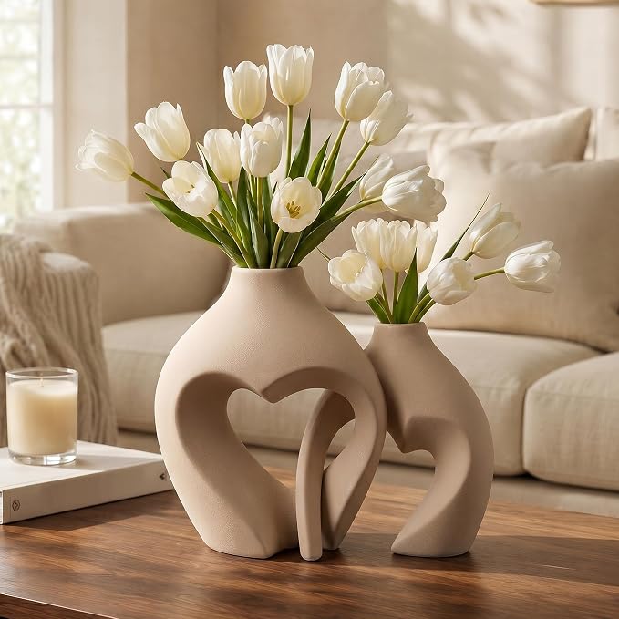 Ceramic Flower Vases Home Decor Heart Shaped Vase Set of 2 | Nordic Heart Shaped Vases Minimalist Decorative Vase for Table Centerpiece Wedding Dining Living Room Office House Decoration