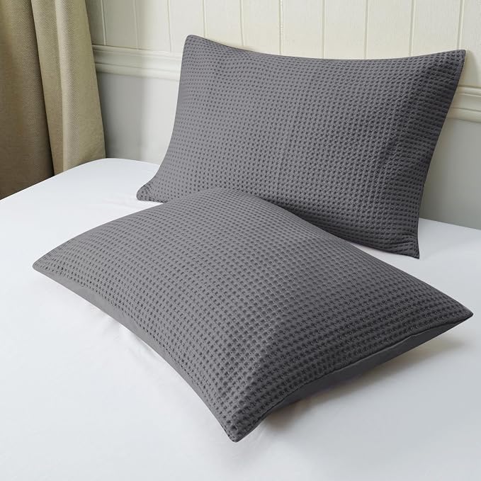 100% Egyptian Cotton Waffle Weave Pillowcases Standard Size 2 Pack | Ultra Soft Pillow Shams with Envelope Closure, Breathable Skin-Friendly Decorative Bed Pillow Case, Dark Grey, 20"x26"