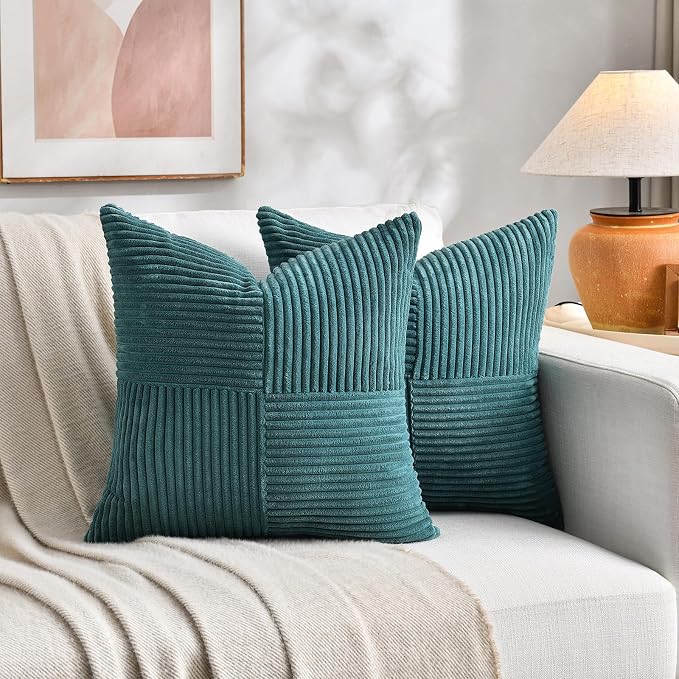 Fancy Homi Set of 1 Teal Square Decorative Throw Pillow Covers 14x14 Inch for Living Room Bedroom Couch Bed Sofa, Soft Striped Corduroy Modern Rectangle Accent Cushion Case 35x35 cm