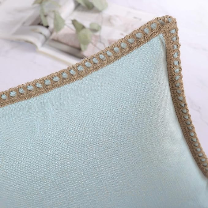 Phantoscope Farmhouse Solid Throw Decorative Pillow Cover Burlap Linen Trimmed Tailored Edges Outdoor Pillow Light Turquoise 18 x 18 inches, 45 x 45 cm