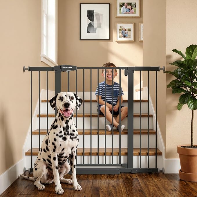 Mumeasy 29.7-48" Baby Gate for Stairs, Pressure Mounted Dog Gate for Doorways, Extra Wide Walk Thru Safety Pet Gate for Doors with Auto Close, Easy Install Child Gate for Hallway Indoor House, Black