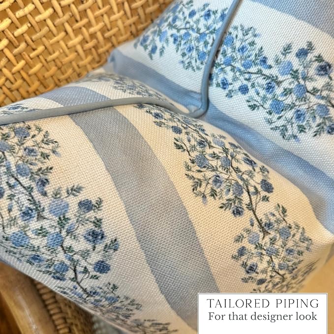 “The Juliet” Floral Block Print Pillow Cover – Soft Blue and Off-White Decorative Throw Pillow Cover – Grandmillennial Home Decor, 20" x 20"
